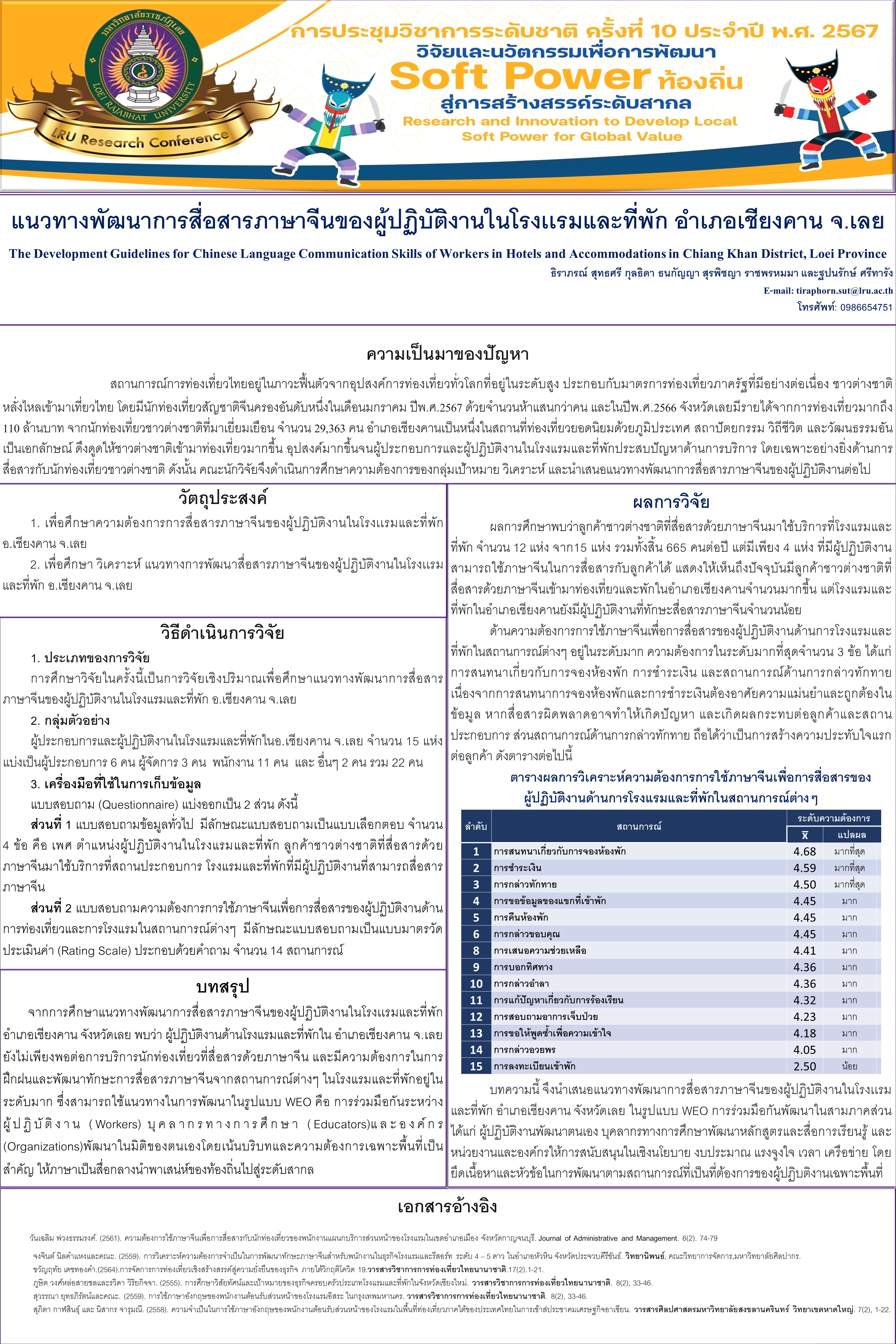 แนวทางพัฒนาการสื่อสารภาษาจีนของผู้ปฏิบัติงานในโรงเเรมและที่พัก อำเภอเชียงคาน จ.เลย